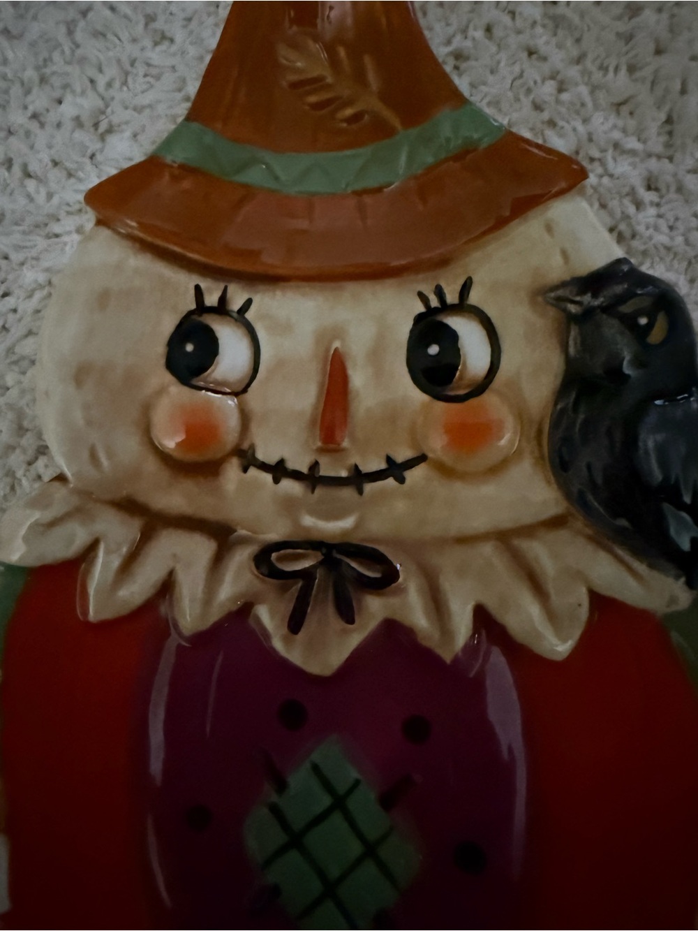 Johanna Parker Fall Ceramic Scarecrow Appetizer Plate- Orange, Black, Green